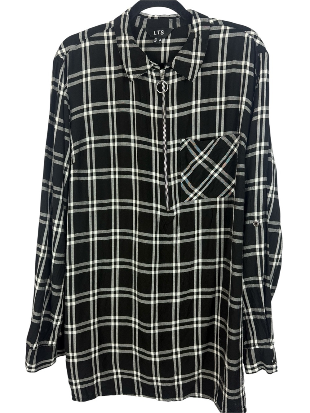 Long Tall Sally Black & White Plaid O-Ring Zip Tunic Top Viscose Size 14 / XL